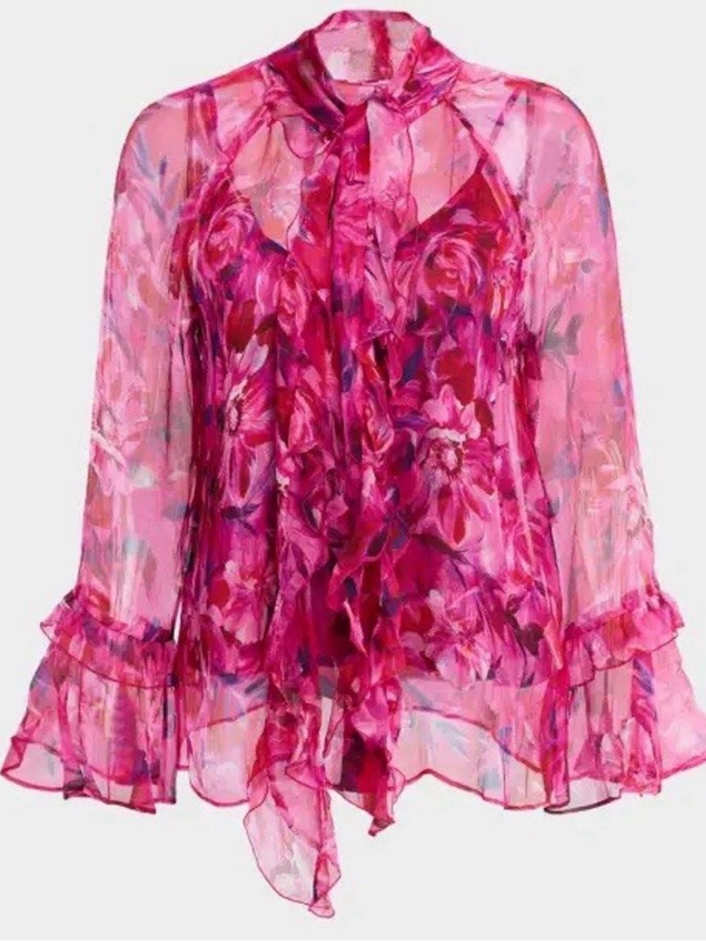 Johnny Was Silk Fuchsia Floral Sheer Tie-Neck Blouse, Size Medium